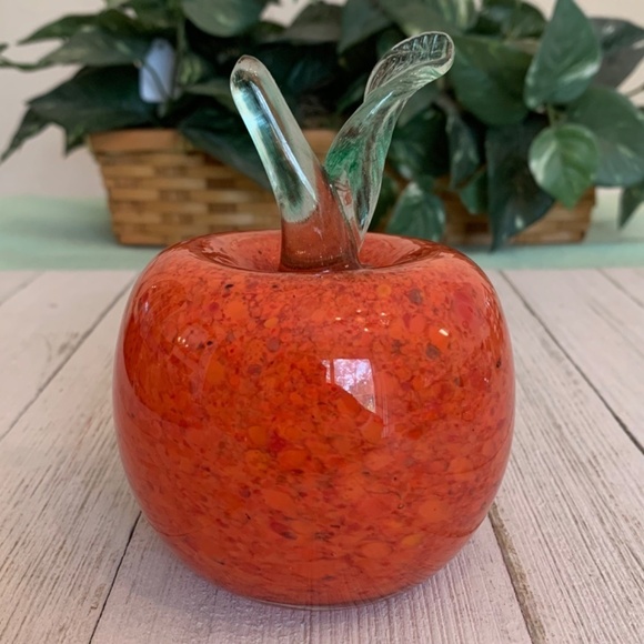 Orange Art Glass Weighted Apple Paperweight With Clear Green Stem Leaf 4 1/2” T - Picture 5 of 15
